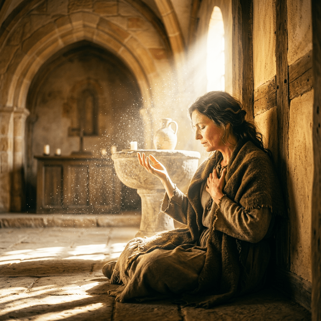 Woman in medieval clothing praying quietly inside stone chapel with arched windows